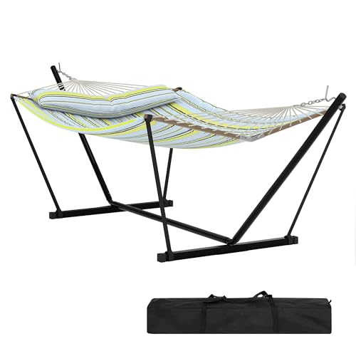 2 Person Double Hammock with Adjustable Steel Stand & Pillow, Heavy Duty Portable Outdoor Hammock Set, MAX 450 LBS Weight Capacity for Patio, Garden, Beach, Backyard - color: V-light Blue-green Striped
