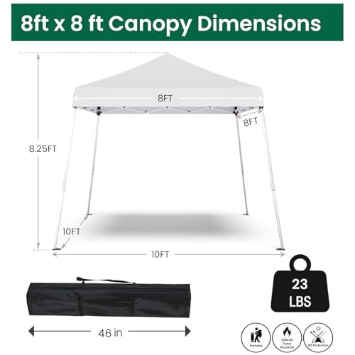 Pop-up Canopy Tent,Portable Outdoor Canopy for Parties Camping,Slant Legs Folding Tent,Sports Shelter,Beach Tent,Base 10x10 Top 8x8,3 Adjustable Height(White) - color: white, size: 8'x8'FT
