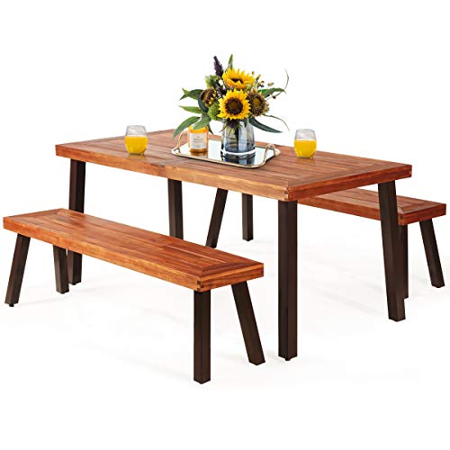 Giantex Patio Dining Table Set with 2 Benches, Outdoor Picnic Table Set with Umbrella Hole, Acacia Wood Patio Seating and Rectangular Table for Backyard, Garden, Lawn (Rustic Brown)
