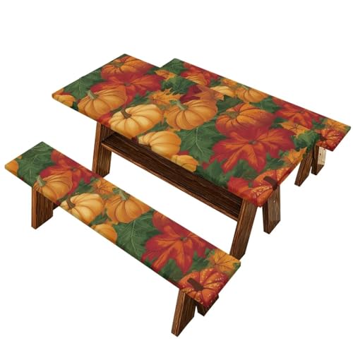 Thanksgiving Elastic Fitted Table Cloth for Camping Party Supplies 3 PCS Set Classic Pumpkin Maple Leaf Outdoor Picnic Table Cover with Bench Covers - color: Classic Pumpkin Maple Leaf, size: Small