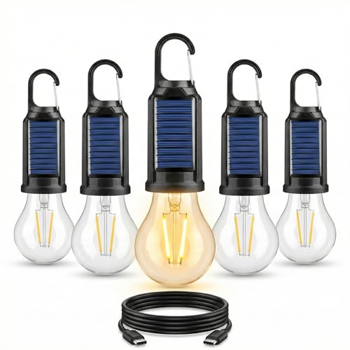 5-Pack Solar LED Camping Light Bulb, Rechargeable Emergency Light Bulbs for Power Outage, Portable Tent Lantern with Hook, Waterproof, for Tent, Hiking, Home