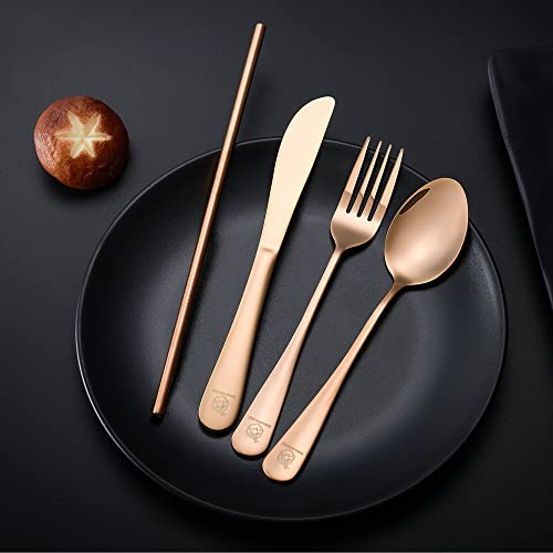 Boulder Bee Travel Utensils | Reusable Camping Cutlery | Stainless Steel Flatware | Portable Silverware Set with Case | Includes Knife/Fork/Spoon/Straw/Cleaning Cloth (Rose Gold) - color: Rose Gold