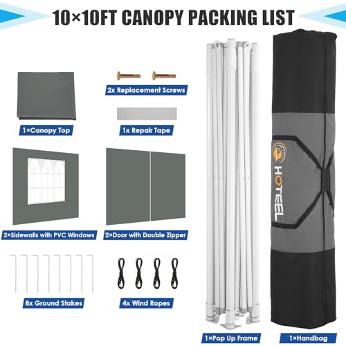 HOTEEL Pop Up Canopy Tent 10x10 with Sidewalls, Commercial Instant Waterproof Canopy for Vender Patio, UV 50+ with Silver Coated, Upgraded Thickened Hexagonal Legs, Gray - color: Gray, size: 10x10FT (+4 Walls)
