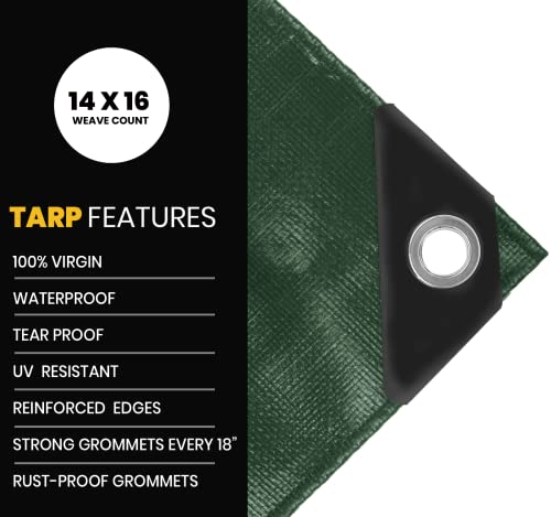 Extra Heavy Duty 16 Mil Tarp Cover, Waterproof, UV Resistant, Rip and Tear Proof, Poly Tarpaulin with Reinforced Edges for Roof, Camping, Patio, Pool, Boat. (Green/Black 8′ X 10′) - color: Green/Black-16 Mil, size: 8′ X 10′