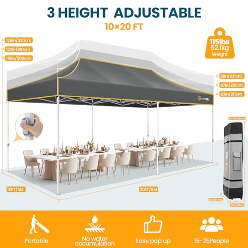Hoteel 10x20 Pop Up Canopy Tent Heavy Duty with 6 Sidewalls, Waterproof Party Tent, Easy Set-up Commercial Instant Tents with Roller Bag & Sandbags, Hexagonal Leg (1-Year Warranty) - color: Grey 2, size: 10×20 （6 Walls）