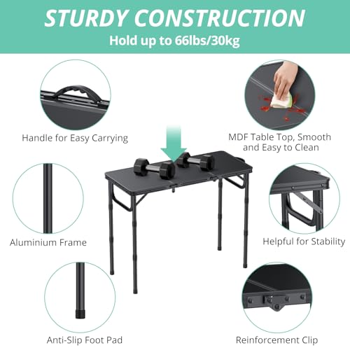 VINTEAM Tri-Folding Camping Table with 3 Adjustable Heights, Lightweight Portable Outdoor Picnic BBQ Table, Black Aluminum Folding Grill Table for Camping, RV, Beach, Fishing & Backyard - style: 3-Fold MDF Tabletop