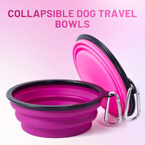 Dog Bowl Pet Collapsible Bowls, 2 Pack Collapsible Dog Water Bowls for Cats Dogs, Portable Pet Feeding Watering Dish for Walking Parking Traveling with 2 Carabiners (Pink+Purple, Medium) - color: Pink+Purple, size: Medium