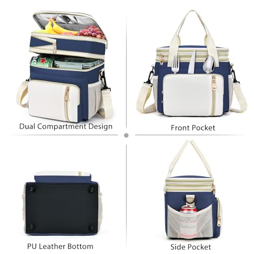 Lunch Box & Lunch Bag for Women Men, Large Insulated Adult Lunch Box Leakproof Lunchbox Cooler Bag for Work Picnic Beach,16L, Dark Blue & White - color: Navy Blue