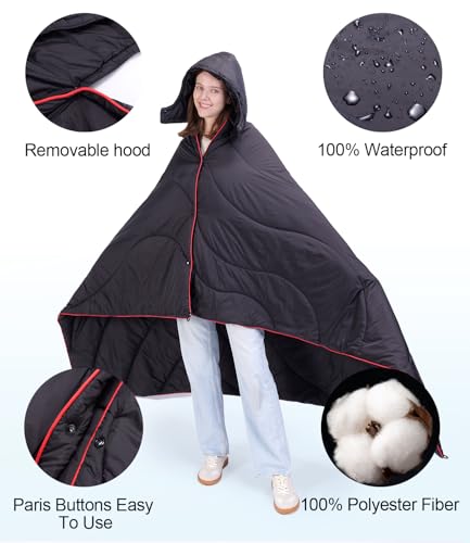 Outdoor Puffy Camping Blanket, Lightweight Down Alternative Puffy Waterproof Stadium Blanket with Portable Bag, Lightweight Camping Blanket for 2 People, Cold Weather, Sports, Travel, Car, 79*54 inch - color: Black