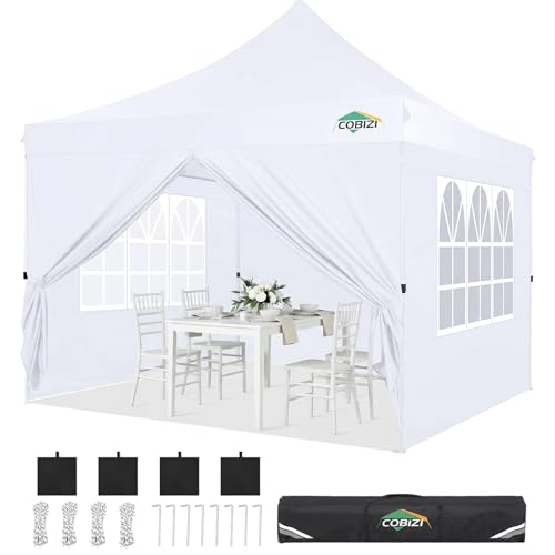 COBIZI 10x10 Pop Up Canopy with 4 Sidewalls, Canopy Tent 10x10 for Parties, Backyard, Commercial, Waterproof and Portable Instant Shelter UV50+ Outdoor Gazebo with 4 Sandbags(Pure White) - color: Pure White, size: 10x10FT