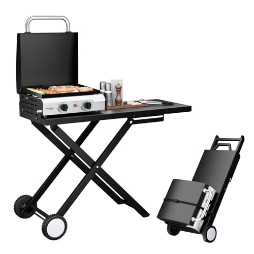 ROVSUN 2 Burner Foldable Propane Griddle with Wheels, Enameled Tray & Lid, 20000 BTU Portable Rolling Flat Top Gas Grill with Electronic Ignition & Regulator for Outdoor Cooking Camping BBQ Tailgating - size: 2 Burner With Lid
