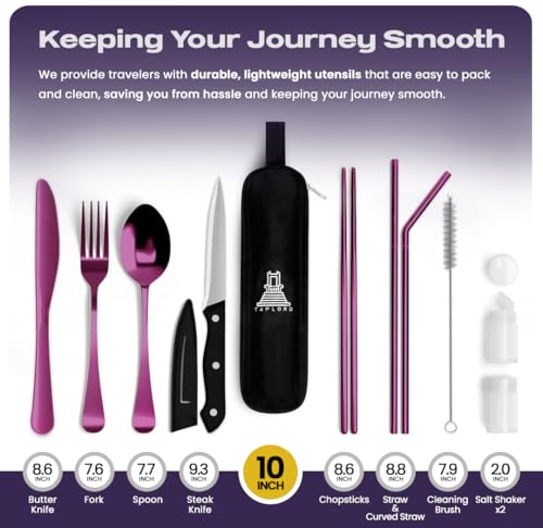 Taplord Portable Travel Silverware Set With Case, Includes 10 Pcs of Travel Utensils With Case, Stainless Steel Flatware Set For Camping, Lightweight (Purple) - color: Purple, size: 10 Pieces