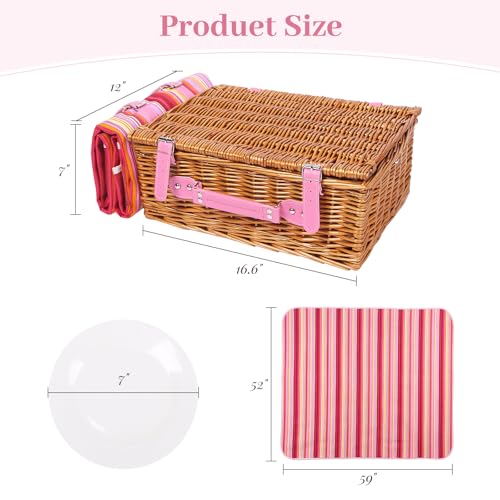 Neti Neti Wicker Picnic Basket for 4 with Insulated Cooler & Waterproof Blanket – Large Willow Picnic Hamper for Outdoor, Camping, Beach, Romantic Dates, Valentine’s Day - color: Red & Yellow Striped