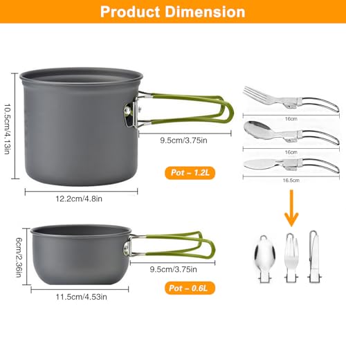 Camping Cookware Mess Kit Backpacking Pot Gear Camping Cooking Pots and Pans Set Camp Kitchen Equipment Accessories Green