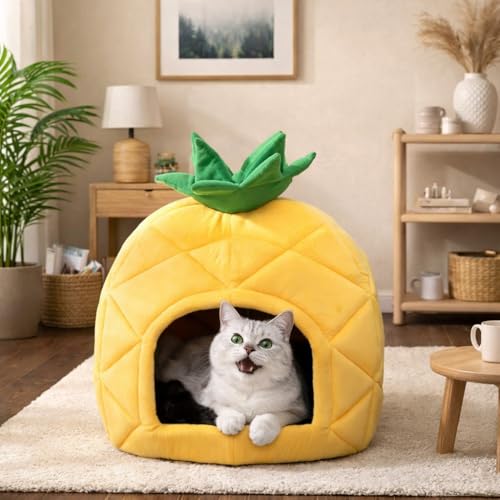 Hollypet Cat Bed Self-Warming Kitty Cave Hut House Nest Pet Sleeping Bed for Indoor Cats, Yellow, Pineapple Cave - color: Pineapple Cave