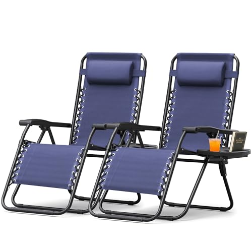 Homall Zero Gravity Chair Patio Folding Lawn Outdoor Lounge Gravity Camp Reclining Lounge Chair with Cup Holder Pillows for Poolside Backyard and Beach Set of 2 (Blue) - color: Blue, size: 2 PCS