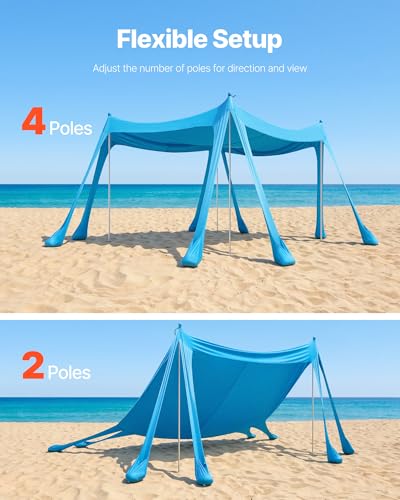 VEVOR Beach Tent Sun Shelter, UPF50+ Sun Protection, 6.6 ft Tall, 10 x 10 ft, Easy Pop Up Beach Canopy with Sandbags, Stability Poles, Sand Shovels, Portable Shade for Family, Camping, Fishing, Blue