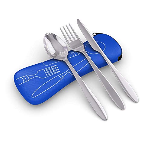 Reusable Travel Utensils with Case | Fork and Spoon Set with Knife and Optional Straws Great Office, Travel, or Camping Accessories | Lightweight, Sturdy Utensils - color: 3pc Set - Blue