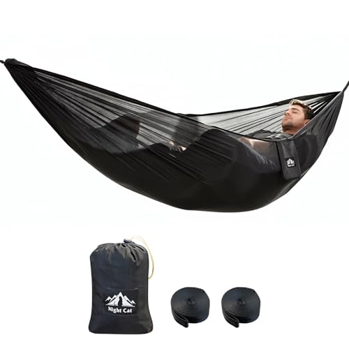 Night Cat Ultralight Pocket Hammock: Durable Tree Hammock Tear-Resistant HMPE Ripstop High Strength Fabric Only 0.66lb Max Load 330lbs Portable for Solo Hiking Backpacking