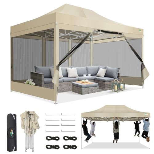 COBIZI 10x15 Canopy Tent, Heavy Duty Pop up Canopy with Sidewalls, Waterproof Easy Setup Canopy with Mosquito Netting, Outdoor Instant Screen Tents for Parties, Wedding, Backyard with Carry Bag, Khaki - color: Khaki, size: 10x15ft