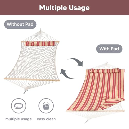 SUNCREAT Two Person Rope Hammock with Pad, Hanging Tree Double Hammock with Large Pillow, Hardwood Spreader Bar, Red Stripe - color: Red Stripe