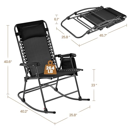 Yaheetech 26in Rocking Chair Outdoor Zero Gravity Folding Chairs Rocking Chairs Foldable Outdoor Reclining Lounge Chair for Outside Lawn with Cupholder/Pillow Ergonomic Design for Rest, Black - color: Black, size: 1 Pcs