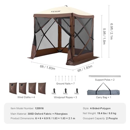 VEVOR Pop Up Gazebo Tent, Pop-Up Screen Tent 4 Sided Canopy Sun Shelter with 4 Removable Privacy Wind Cloths & Mesh Windows, 6x6FT Quick Set Screen Tent with Mosquito Netting, Brown - color: Brown, size: 6x6ft