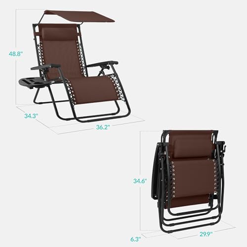 Best Choice Products 30” Wide Folding Zero Gravity Outdoor Recliner Patio Lounge Chair w/Adjustable Canopy Shade, Headrest, Side Accessory Tray - Brown - color: Brown, size: Oversized Extra Wide