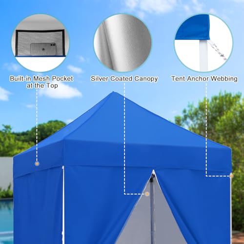 5x5 Pop Up Canopy Tent with Four Sidewalls, Instant Portable Beach Canopy, Outdoor Tent with Carry Bag for Camping, Sports, Tailgating, Events, Blue - color: Blue, size: With Four Walls