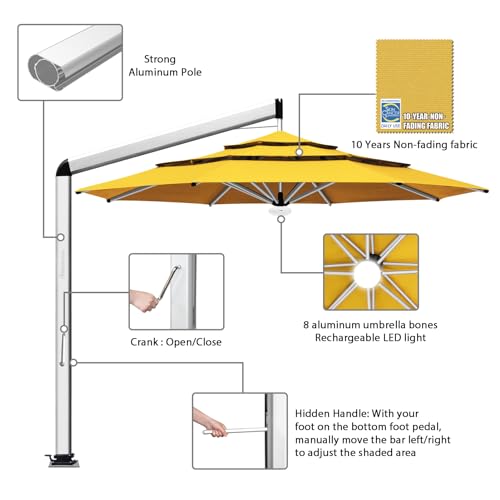 EliteShade USA Atlas 3-Tier 11FT Full Aluminum Cantilever Patio Umbrella for Outdoor Restaurant Garden Courtyard Deck Pool and Marketing with Light (No battery), Sunflower Yellow - color: Sunflower Yellow, style: 11FT Atlas