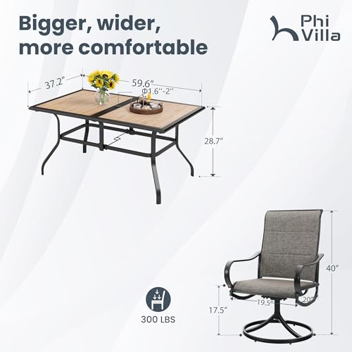 PHI VILLA 7 Piece Patio Dining Set, 6 Swivel Patio Chairs with Padded Textilene Fabric & Rectangular Dining Table (1.6" Umbrella Hole), All Weather Patio Chairs and Table Set for Deck Lawn (Brown) - color: Brown Padded Fabric, size: 59.6"L x 37.2"W x 28.7