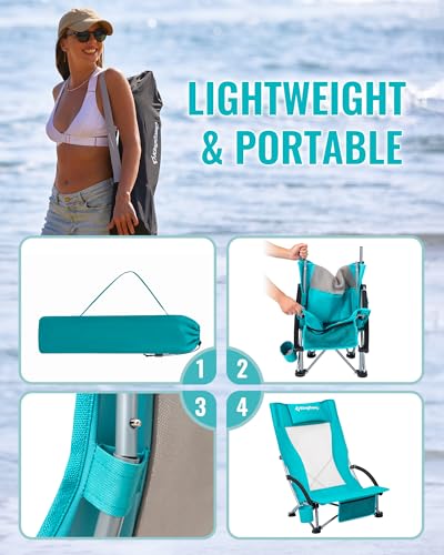 KingCamp Low Beach Chair, High Back Folding Camping Chair for Adults, Oversized Breathable Mesh Seat, 300lbs Heavy Duty Portable Chair with Cup Holder & Storage Pockets for Beach, Outdoor - color: Ergobreeze-cyan-1 Pack