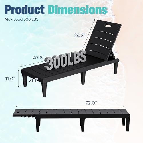 Devoko Outdoor Chaise Lounge Chair Set of 2 with 5-Position Adjustable Back, Waterproof & Lightweight PP Lounge Chairs for Outside Pool Patio (Black) - color: Black, size: 72 in Depth