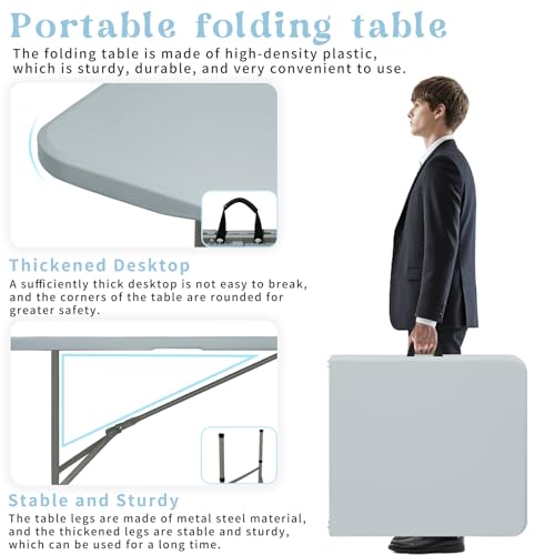 Set of 2 Folding Table 4FT Camping Table Portable Heavy Duty Plastic Rectangular Outdoor Dining Table Steel Legs Fold-in-Half with Carrying Handle for Indoor,Picnic,Party,Wedding,Events(Grey) - color: Grey