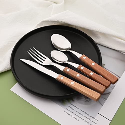 Dinner Knives Set of 8-8.15 inches Wooden Serrated Knives - 304 Stainless Steel Flatware with Square Wood Handle, Mirror Polished - size: Pack of 8