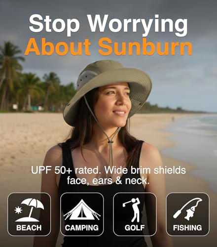 GearTOP Wide Brim Sun Hat for Men & Women, UPF 50+ Fishing Hat with Detachable Neck Flap & Face Cover Gardening Boonie Sunhat - color: Khaki Floater