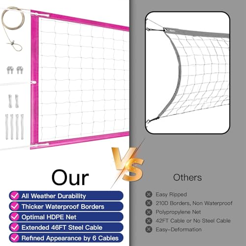 Professional Volleyball Net Outdoor Heavy Duty, All Weather Enhanced, Extended Stainless Steel Cable, Extra Thick Borders, for Backyard Beach Pool Indoor Outdoor- Regulation 32x3FT (Net Only) - color: Pink