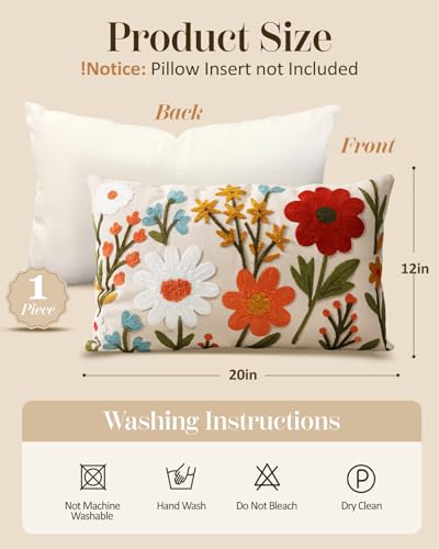 Embroidered Lumbar Pillow Cover 20x12 Inch - Spring Summer Boho Decorative Pillow Cover with Zipper for Living Room Couch Sofa Bed Aesthetic Design Flower Cluster Cushion Pillowcase - color: Flower Cluster, size: 20" x 12" (Pack of 1)