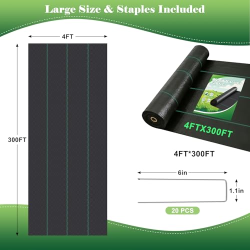 FEED GARDEN 4FT x 300FT Landscape Fabric Weed Barrier Fabric, Heavy Duty 3.2oz Weed Control Mat, Weed Blocker Ground Cover Geotextile Fabric for Gardening, with 20 U-Shaped Stakes - size: 4FT x 300FT