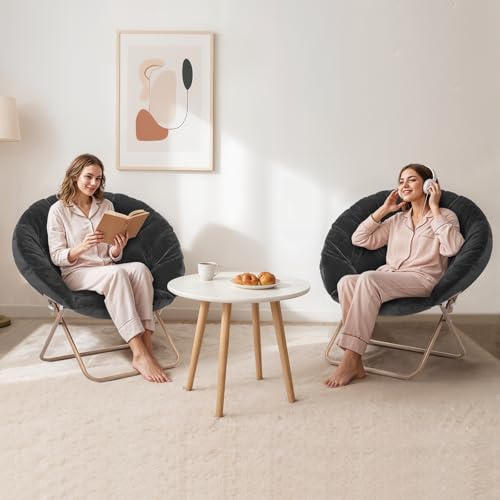 MoNiBloom Round Folding Faux Fur Saucer Chair for Bedroom Living Room Dorm Foldable Metal Frame Oversized Large Comfy Furry Padded Soft Lounge Lazy Cozy Moon Chair for Adults (Black, 2 Pieces) - color: Black