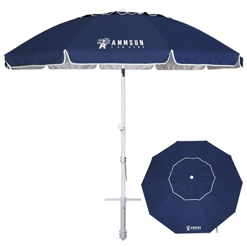 AMMSUN 8 Feet Large Beach Umbrella with Sand Anchor Heavy Duty High Wind Portable Outdoor Umbrellas UV 50+ Protection Air Vent Tilt Patio Garden Pool - color: Navy