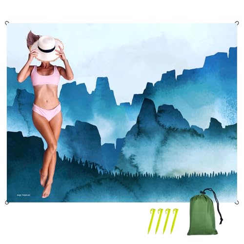 Oversized Sandproof Beach Blanket (106"x81"), Extra Large Beach Sheet for Up to 8 People. Sandfree Beach Mat, Big Sand Blankets with Sand Bags and Stakes. (Cyan Mountain) - color: Cyan Mountain, size: X-large (106" X 81" / 8'10" X 6'9")