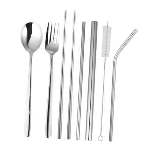 LABRIMP 8pcs Stainless Steel Tableware Set Portable Cutlery Kit with Chopsticks and Straws for Outdoor Dining Picnics and Daily Use Includes Black Carrying Bag