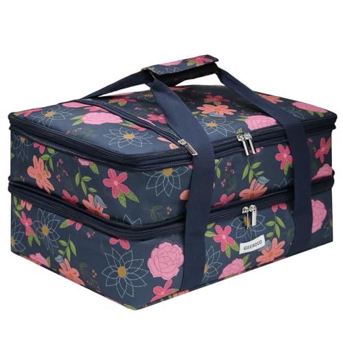 Double Decker Insulated Casserole Carrier, Expandable Thermal Food Warmer Bag Fits 9x13 Dish, Leak-Proof Potluck Lasagna Holder with Utensil Pocket for Picnic Party Cookout (Blue Floral) - color: Blue Floral