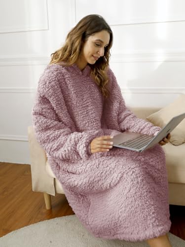 Sherpa Wearable Blanket Oversized Hoodie Sweatshirt TV Blanket with Long Sleeves and Pocket (DustyPink, One Size) - color: Dustypink