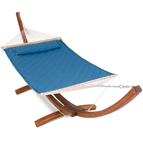 ANOW 13.5FT Curved Wood Stand with Double Hammock, Heavy Duty Larch Wood Arc Stand with 2 Chains, 4 Balance Ropes and 4 Carabiners, Includes Blue Hammock with Spreader Bars - color: Blue-quilted