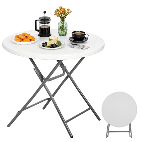 JupiterForce 32 Inch Round Folding Table, Indoor Outdoor Portable Plastic Dining Card Table High Top Cocktail Table for Camping Picnic Party Wedding Event, White - size: 32 inch