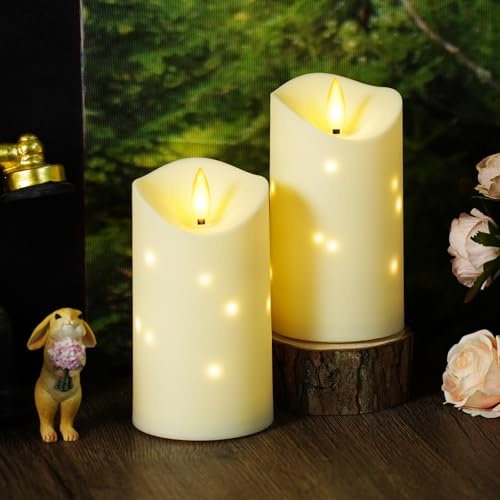 kakoya Outdoor Waterproof Flickering Flameless Candles with Embedded Star String,2Pcs LED Pillar Candles Battery Operated with Remote and Timers for Courtyard,Porch,Camping,Holiday Decoration(Ivory) - color: Ivory, size: D3.25“xH6"6"