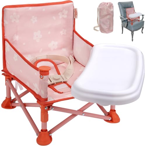 Tiny Marvels 3-in-1 Portable Baby Chair, Foldable Booster Seat with Removable Tray, Safety Harness & Carry Bag for Dining, Travel, Camping, Beach, 6M-3Y (Blush Petals) - color: Blush Petals