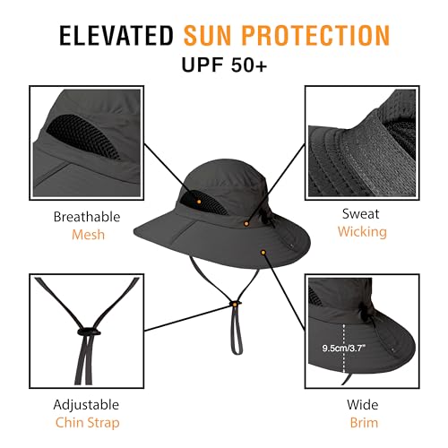 GearTOP Wide Brim Sun Hat for Men & Women, UPF 50+ Fishing Hat with Detachable Neck Flap & Face Cover Gardening Boonie Sunhat - color: Dark Gray No Flaps